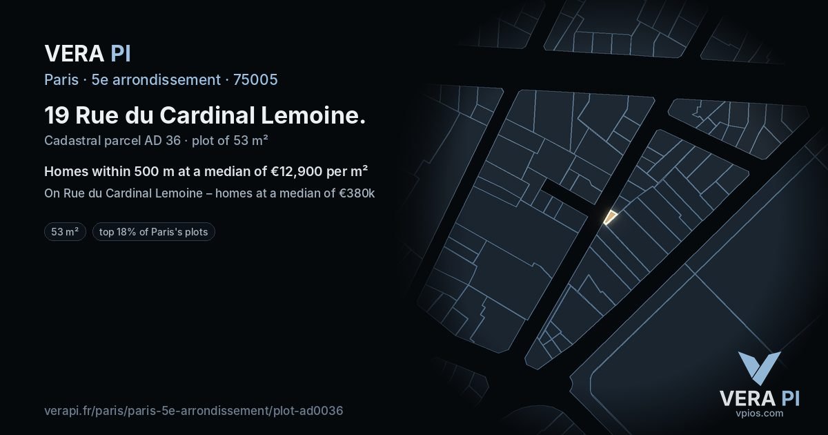 19 Rue du Cardinal Lemoine, 5e arrondissement at night – the plot lit, the parcels around coloured by the prices near them