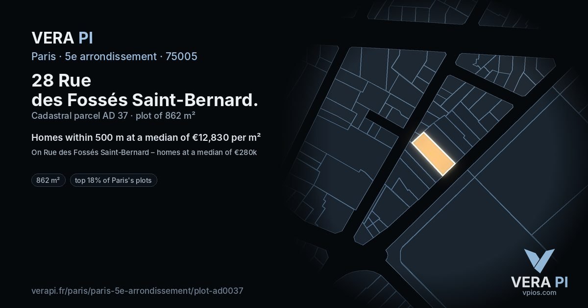 28 Rue des Fossés Saint-Bernard, 5e arrondissement at night – the plot lit, the parcels around coloured by the prices near them