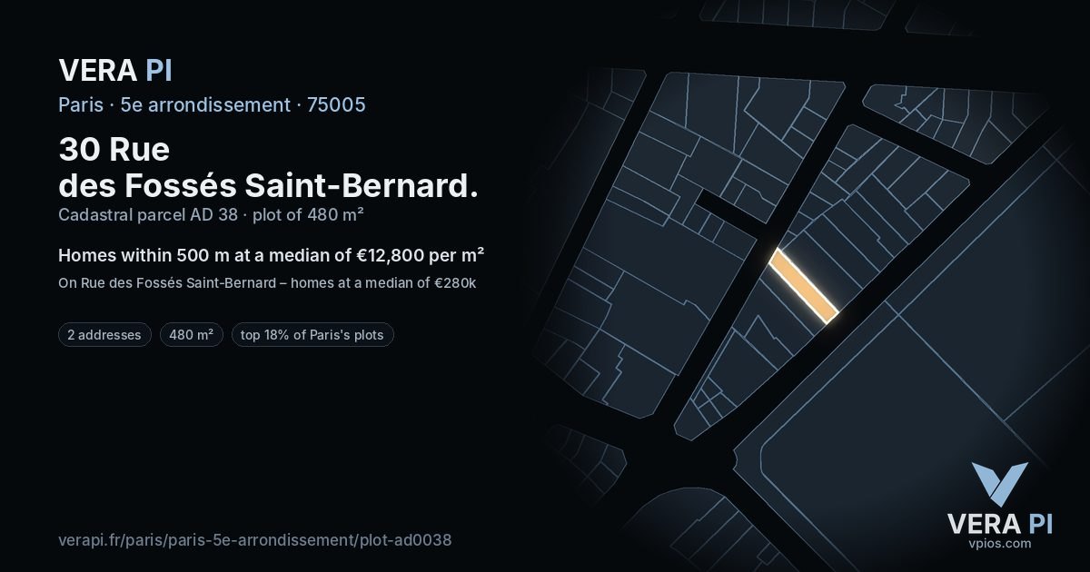 30 Rue des Fossés Saint-Bernard, 5e arrondissement at night – the plot lit, the parcels around coloured by the prices near them