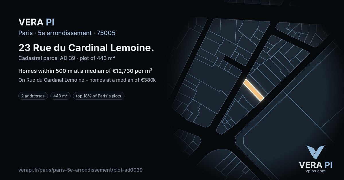 23 Rue du Cardinal Lemoine, 5e arrondissement at night – the plot lit, the parcels around coloured by the prices near them