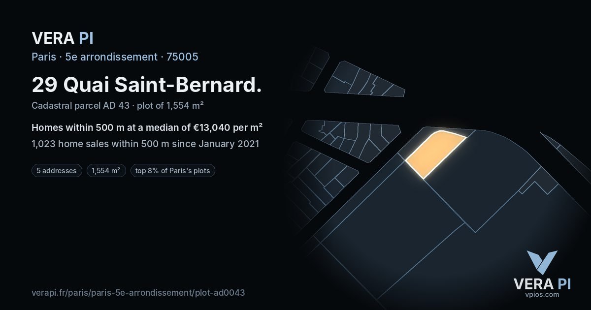 29 Quai Saint-Bernard, 5e arrondissement at night – the plot lit, the parcels around coloured by the prices near them