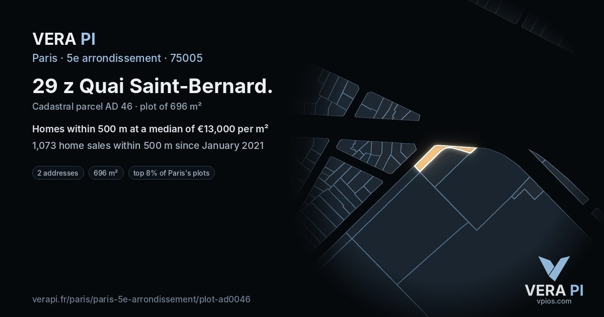 29 z Quai Saint-Bernard, 5e arrondissement at night – the plot lit, the parcels around coloured by the prices near them