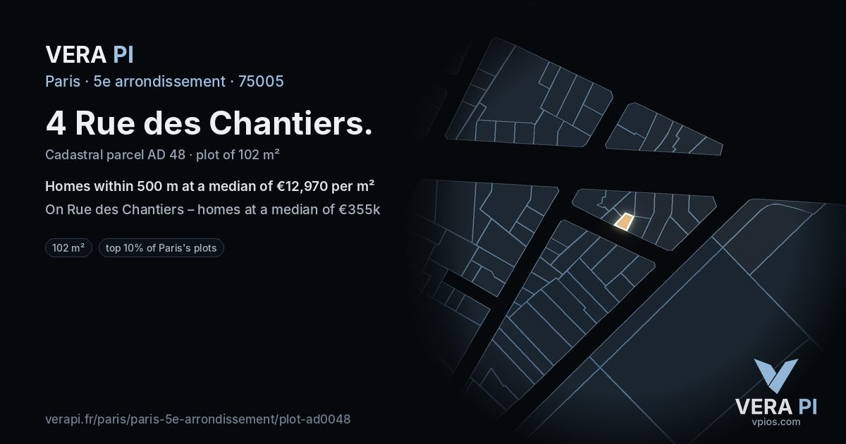 4 Rue des Chantiers, 5e arrondissement at night – the plot lit, the parcels around coloured by the prices near them