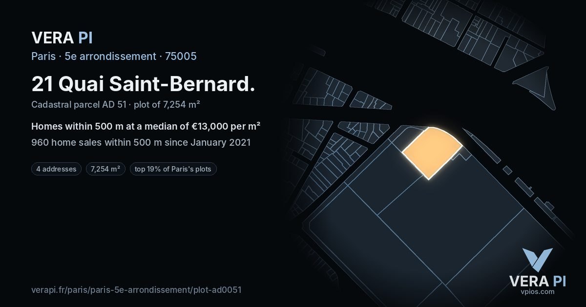 21 Quai Saint-Bernard, 5e arrondissement at night – the plot lit, the parcels around coloured by the prices near them