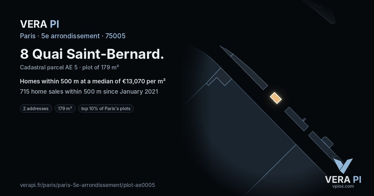 8 Quai Saint-Bernard, 5e arrondissement at night – the plot lit, the parcels around coloured by the prices near them