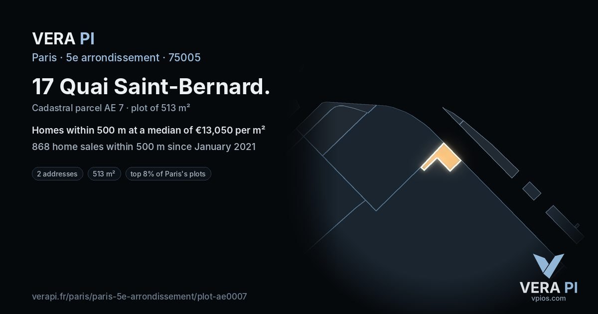 17 Quai Saint-Bernard, 5e arrondissement at night – the plot lit, the parcels around coloured by the prices near them