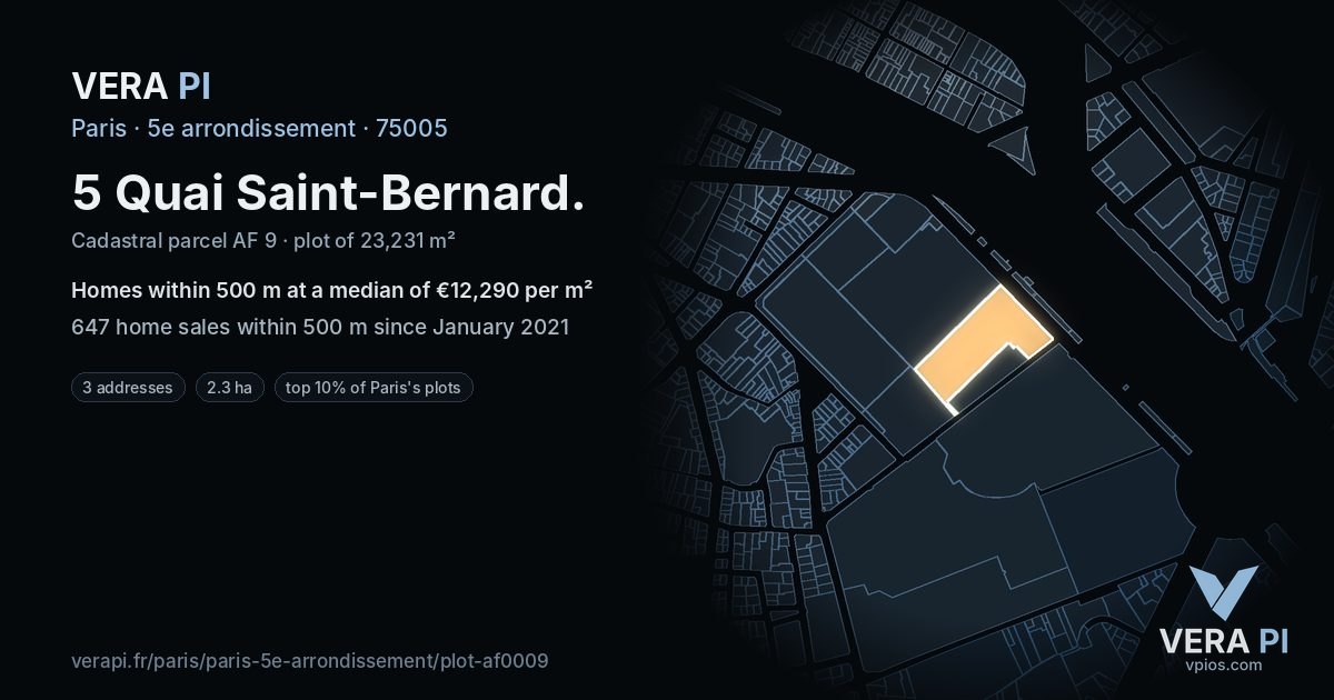 5 Quai Saint-Bernard, 5e arrondissement at night – the plot lit, the parcels around coloured by the prices near them
