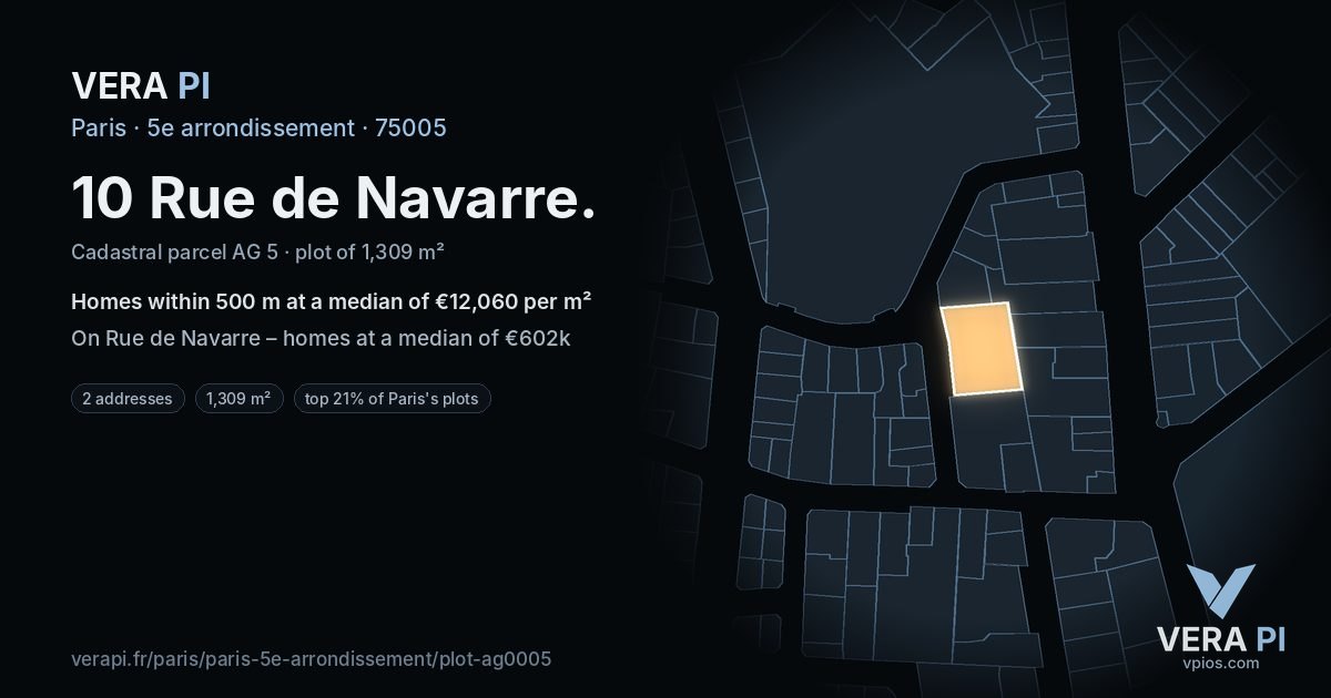 10 Rue de Navarre, 5e arrondissement at night – the plot lit, the parcels around coloured by the prices near them