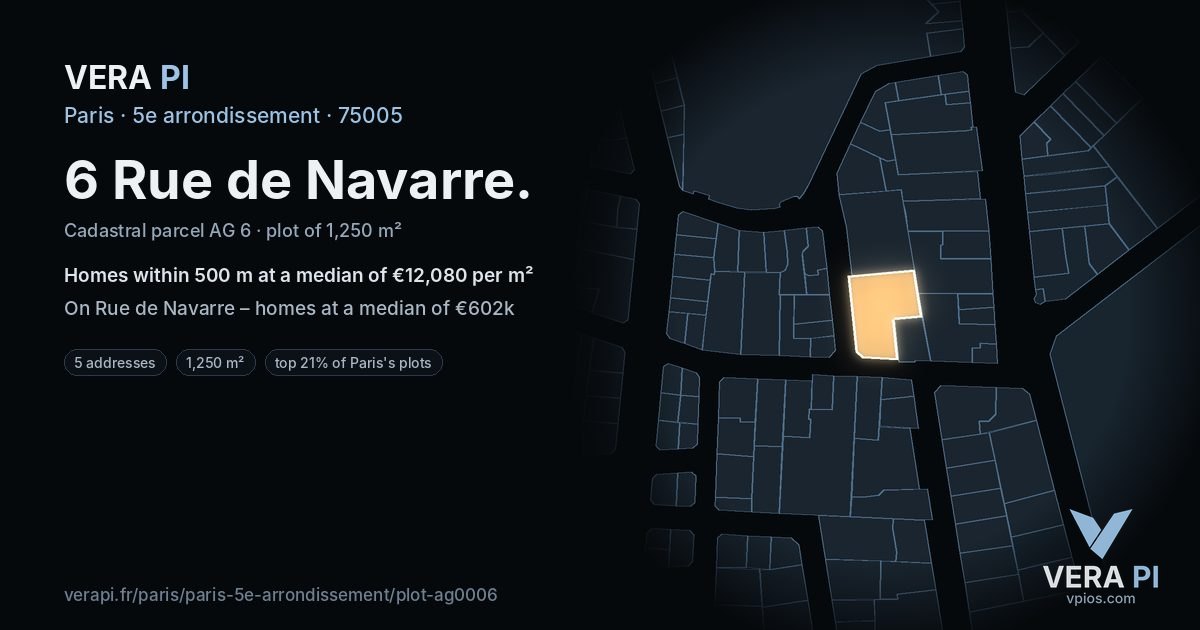 6 Rue de Navarre, 5e arrondissement at night – the plot lit, the parcels around coloured by the prices near them