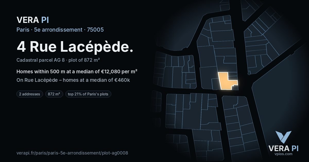 4 Rue Lacépède, 5e arrondissement at night – the plot lit, the parcels around coloured by the prices near them