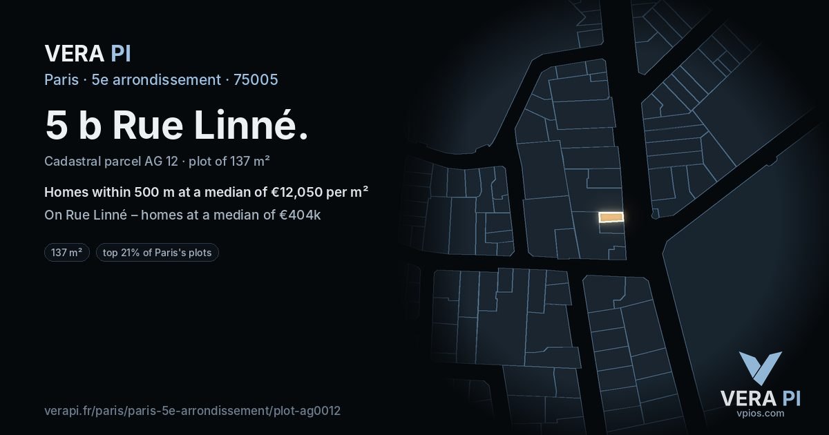 5 b Rue Linné, 5e arrondissement at night – the plot lit, the parcels around coloured by the prices near them