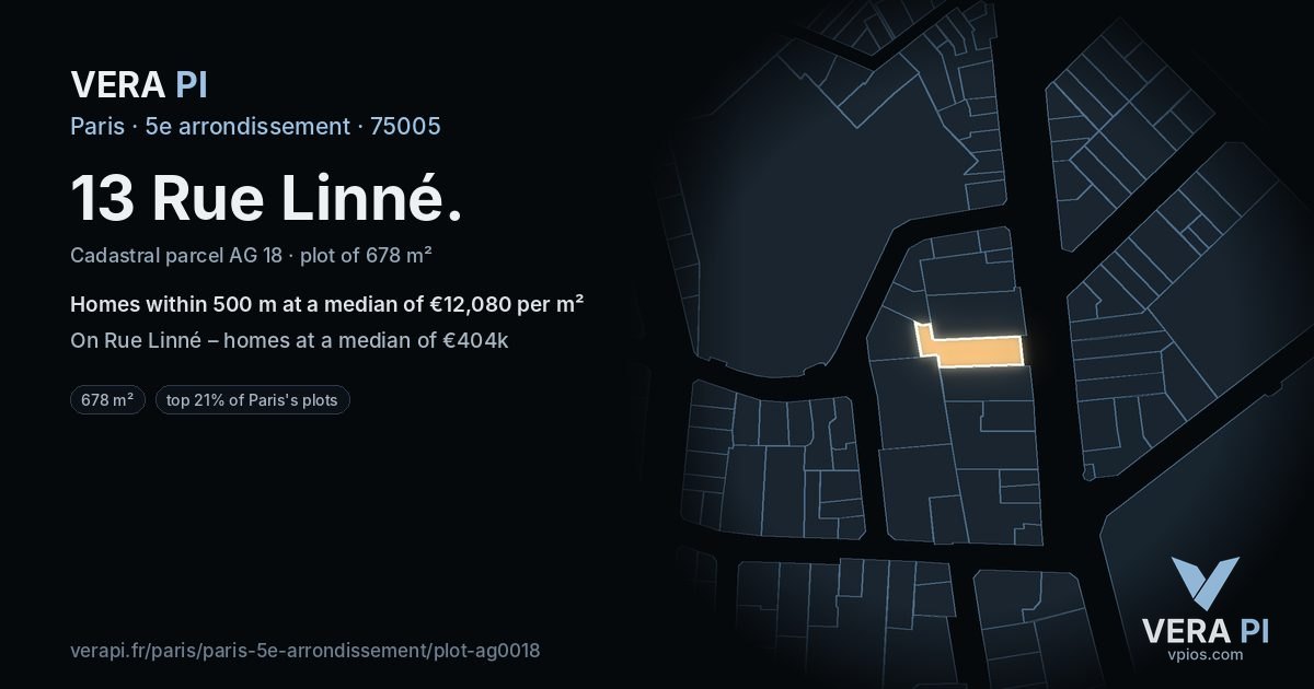 13 Rue Linné, 5e arrondissement at night – the plot lit, the parcels around coloured by the prices near them