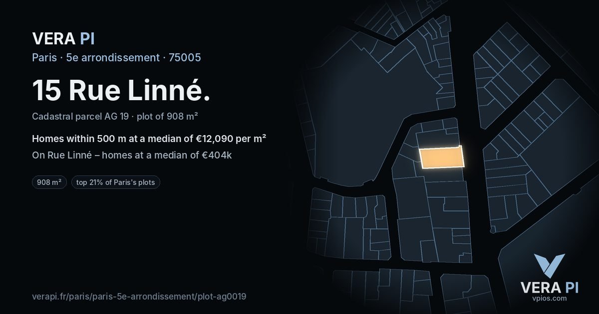 15 Rue Linné, 5e arrondissement at night – the plot lit, the parcels around coloured by the prices near them
