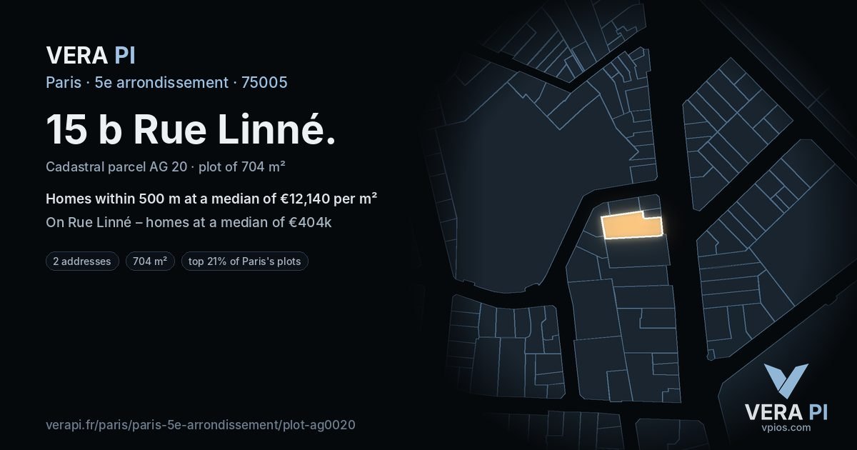 15 b Rue Linné, 5e arrondissement at night – the plot lit, the parcels around coloured by the prices near them