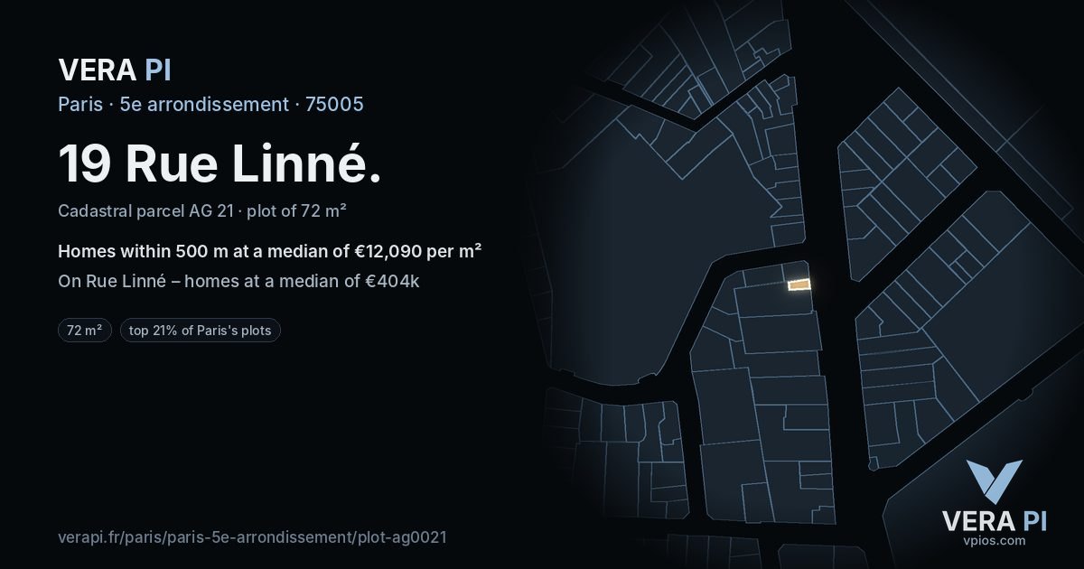 19 Rue Linné, 5e arrondissement at night – the plot lit, the parcels around coloured by the prices near them
