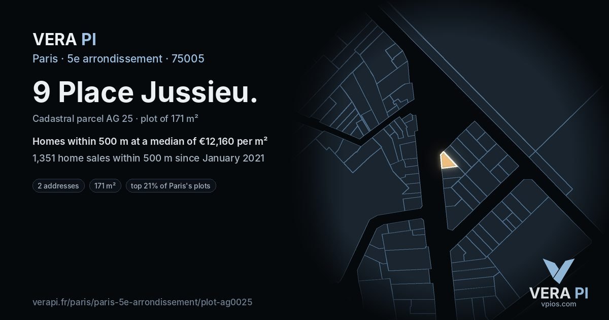 9 Place Jussieu, 5e arrondissement at night – the plot lit, the parcels around coloured by the prices near them