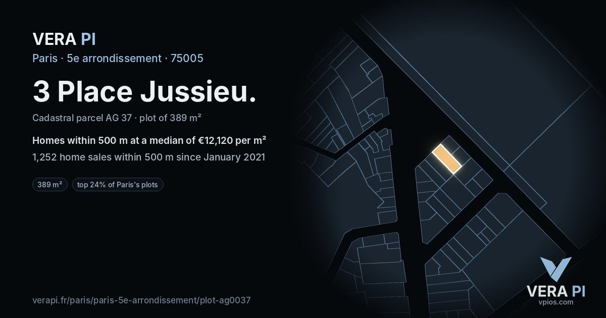 3 Place Jussieu, 5e arrondissement at night – the plot lit, the parcels around coloured by the prices near them