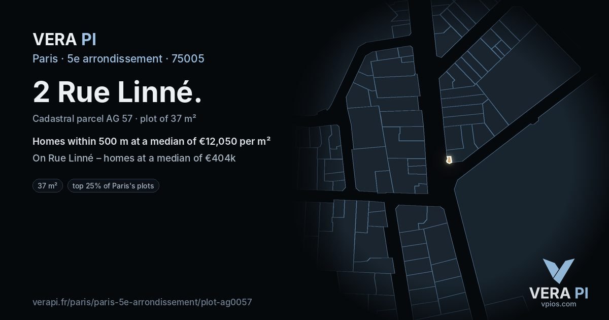 2 Rue Linné, 5e arrondissement at night – the plot lit, the parcels around coloured by the prices near them