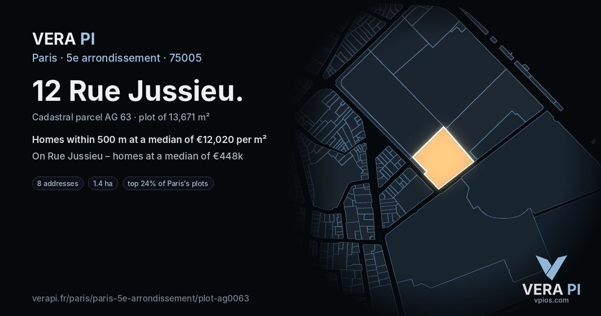12 Rue Jussieu, 5e arrondissement at night – the plot lit, the parcels around coloured by the prices near them