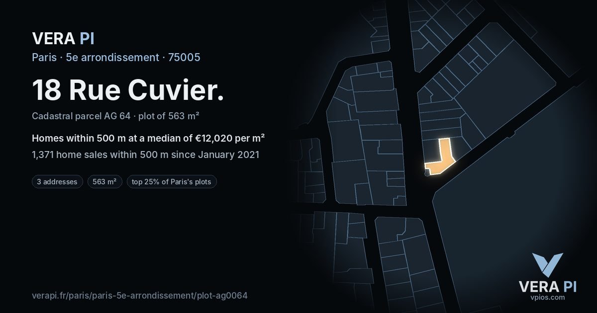 18 Rue Cuvier, 5e arrondissement at night – the plot lit, the parcels around coloured by the prices near them