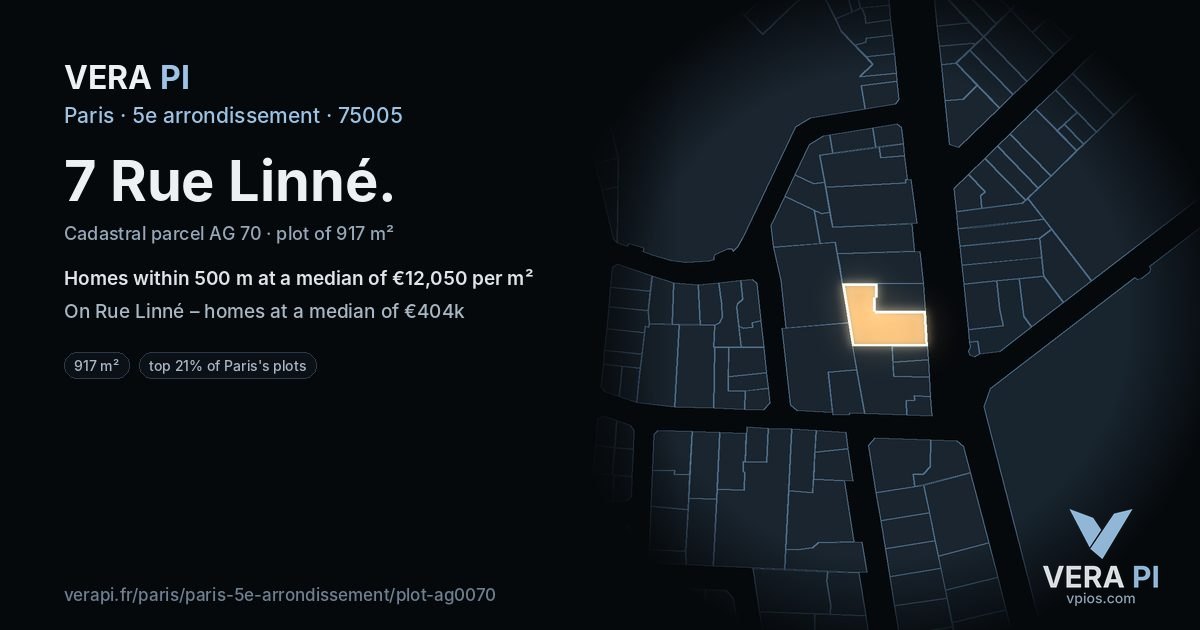 7 Rue Linné, 5e arrondissement at night – the plot lit, the parcels around coloured by the prices near them