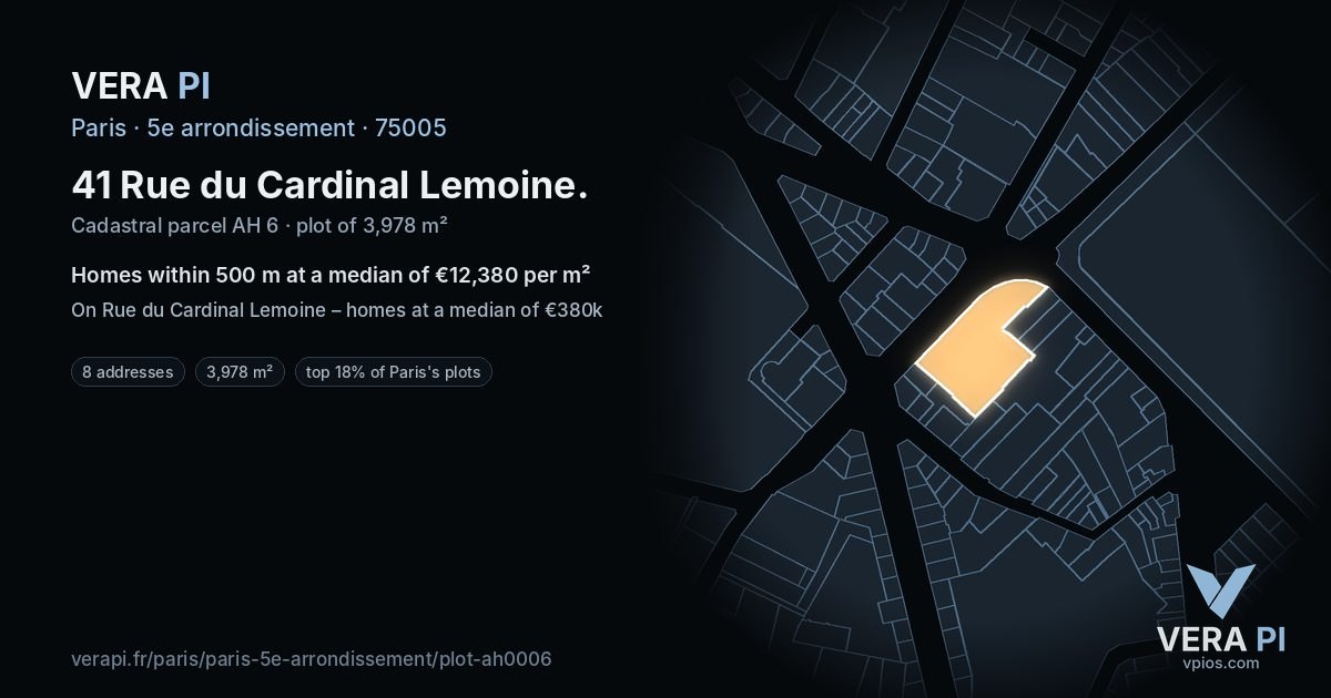 41 Rue du Cardinal Lemoine, 5e arrondissement at night – the plot lit, the parcels around coloured by the prices near them
