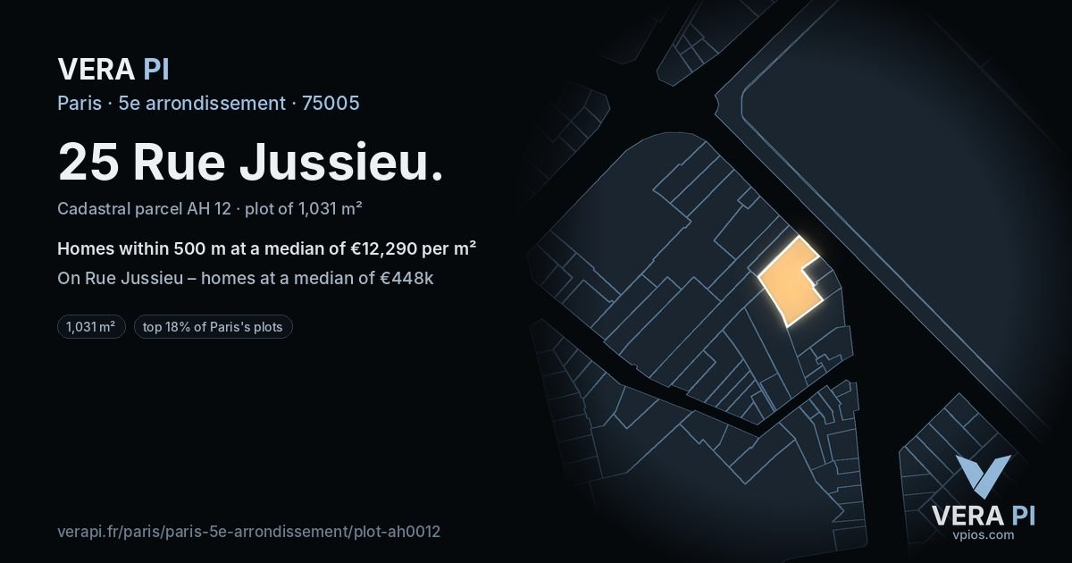 25 Rue Jussieu, 5e arrondissement at night – the plot lit, the parcels around coloured by the prices near them