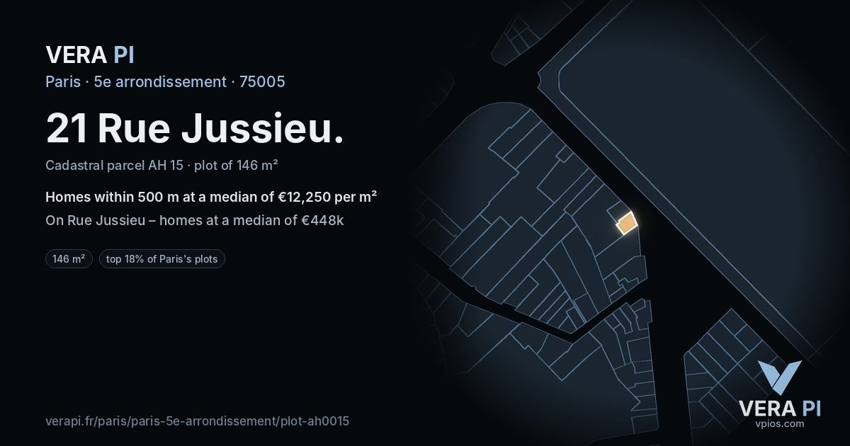 21 Rue Jussieu, 5e arrondissement at night – the plot lit, the parcels around coloured by the prices near them