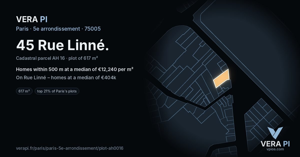 45 Rue Linné, 5e arrondissement at night – the plot lit, the parcels around coloured by the prices near them
