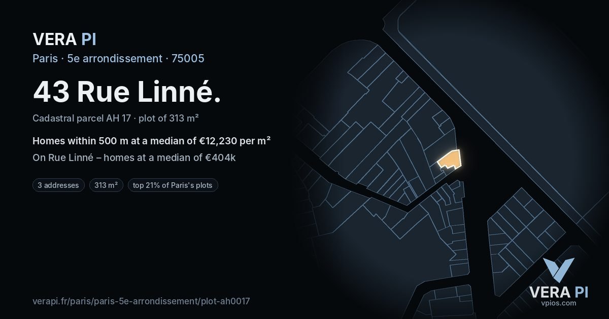 43 Rue Linné, 5e arrondissement at night – the plot lit, the parcels around coloured by the prices near them