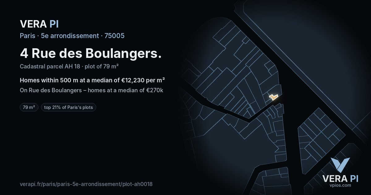 4 Rue des Boulangers, 5e arrondissement at night – the plot lit, the parcels around coloured by the prices near them