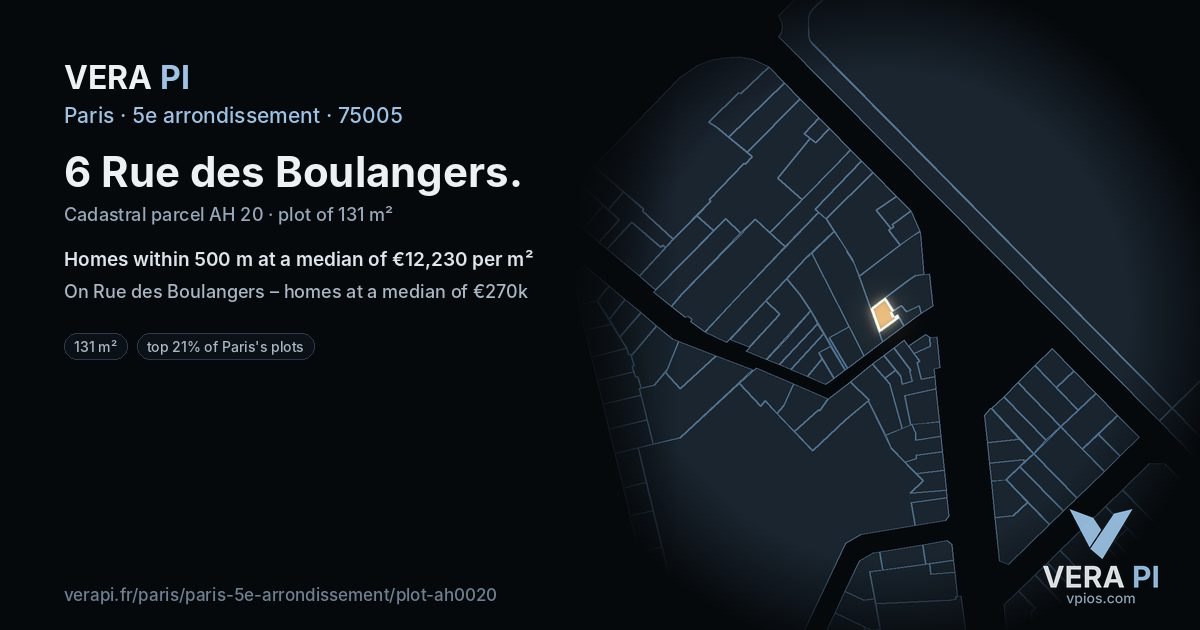 6 Rue des Boulangers, 5e arrondissement at night – the plot lit, the parcels around coloured by the prices near them