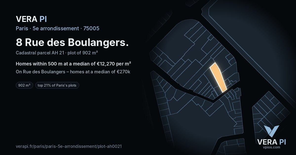 8 Rue des Boulangers, 5e arrondissement at night – the plot lit, the parcels around coloured by the prices near them