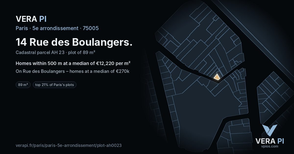 14 Rue des Boulangers, 5e arrondissement at night – the plot lit, the parcels around coloured by the prices near them
