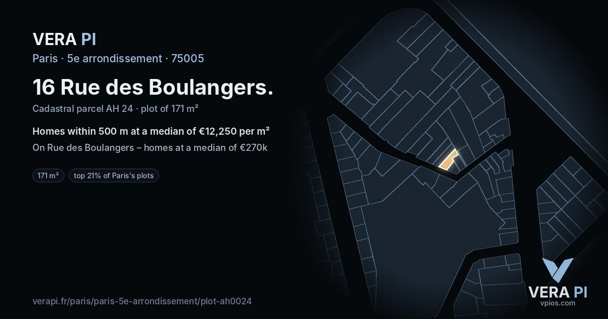 16 Rue des Boulangers, 5e arrondissement at night – the plot lit, the parcels around coloured by the prices near them
