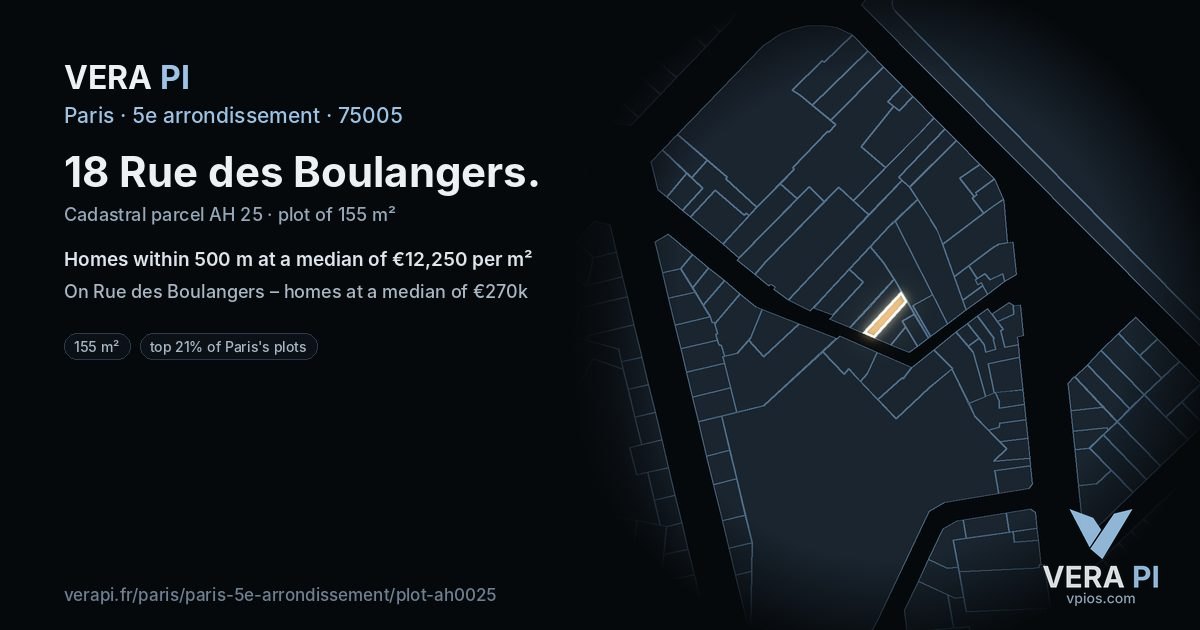 18 Rue des Boulangers, 5e arrondissement at night – the plot lit, the parcels around coloured by the prices near them