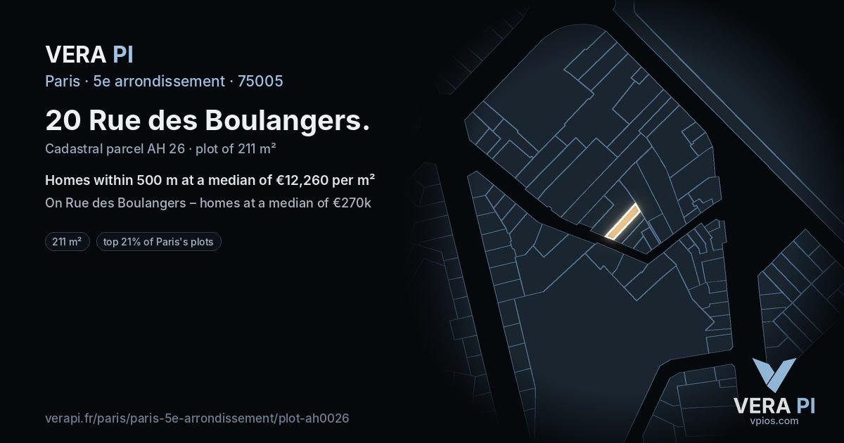 20 Rue des Boulangers, 5e arrondissement at night – the plot lit, the parcels around coloured by the prices near them