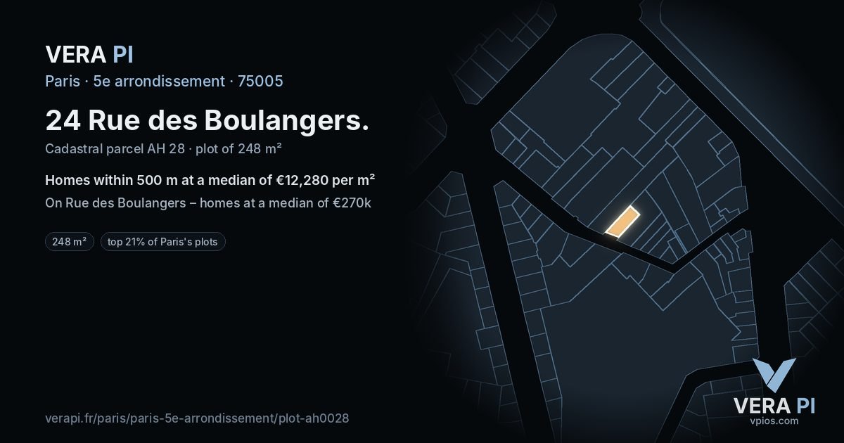 24 Rue des Boulangers, 5e arrondissement at night – the plot lit, the parcels around coloured by the prices near them