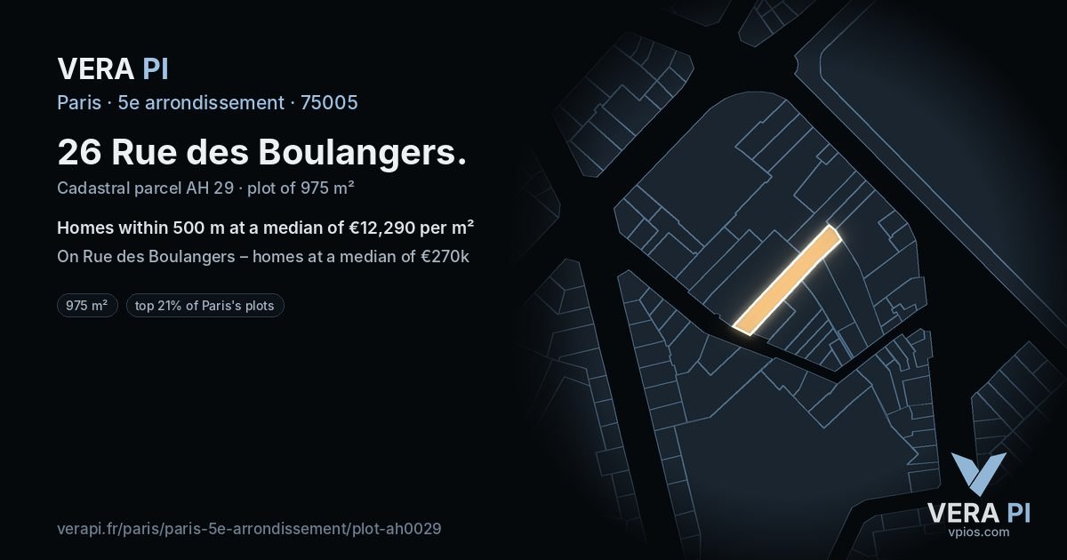 26 Rue des Boulangers, 5e arrondissement at night – the plot lit, the parcels around coloured by the prices near them