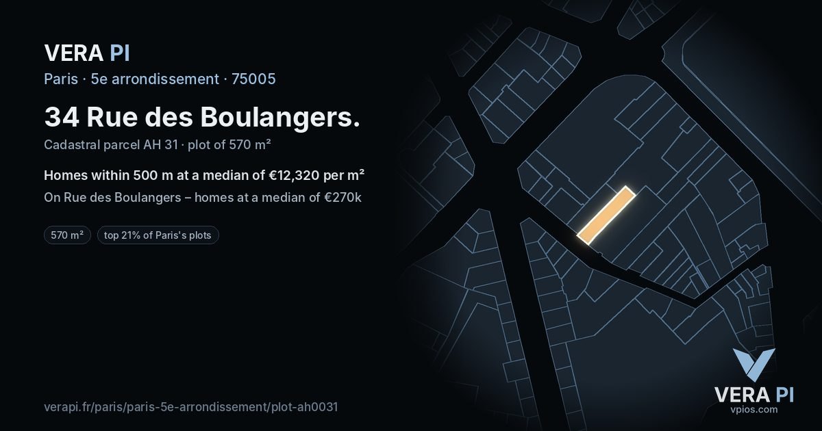 34 Rue des Boulangers, 5e arrondissement at night – the plot lit, the parcels around coloured by the prices near them