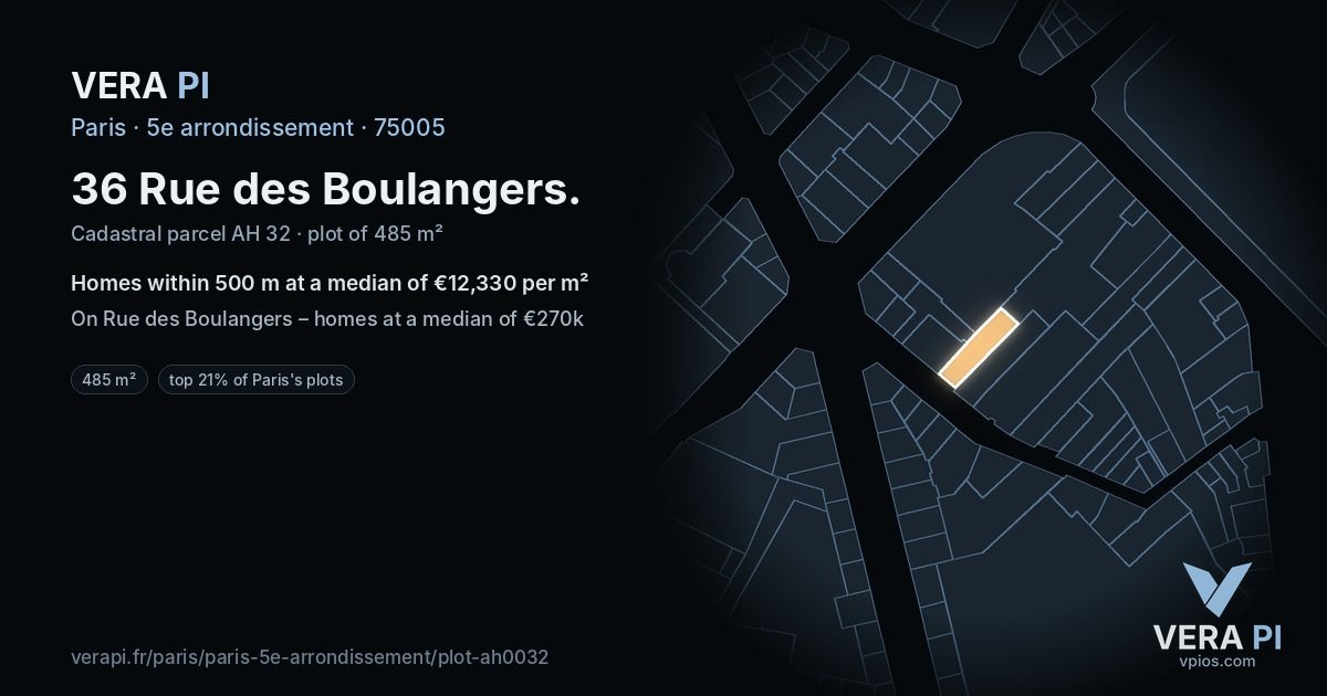 36 Rue des Boulangers, 5e arrondissement at night – the plot lit, the parcels around coloured by the prices near them