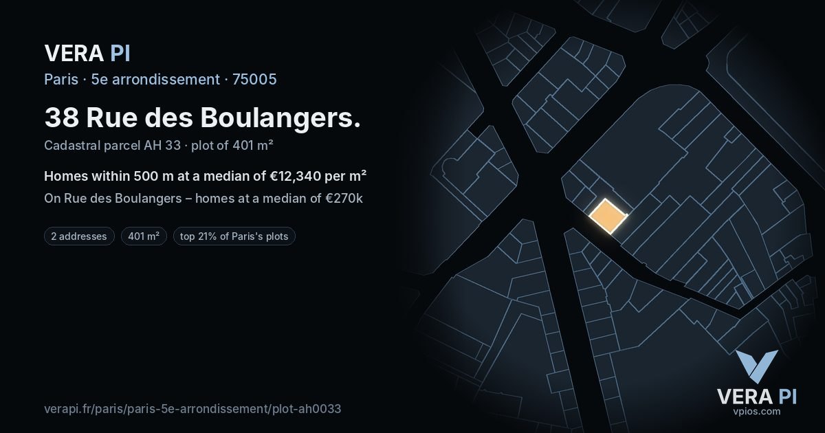 38 Rue des Boulangers, 5e arrondissement at night – the plot lit, the parcels around coloured by the prices near them