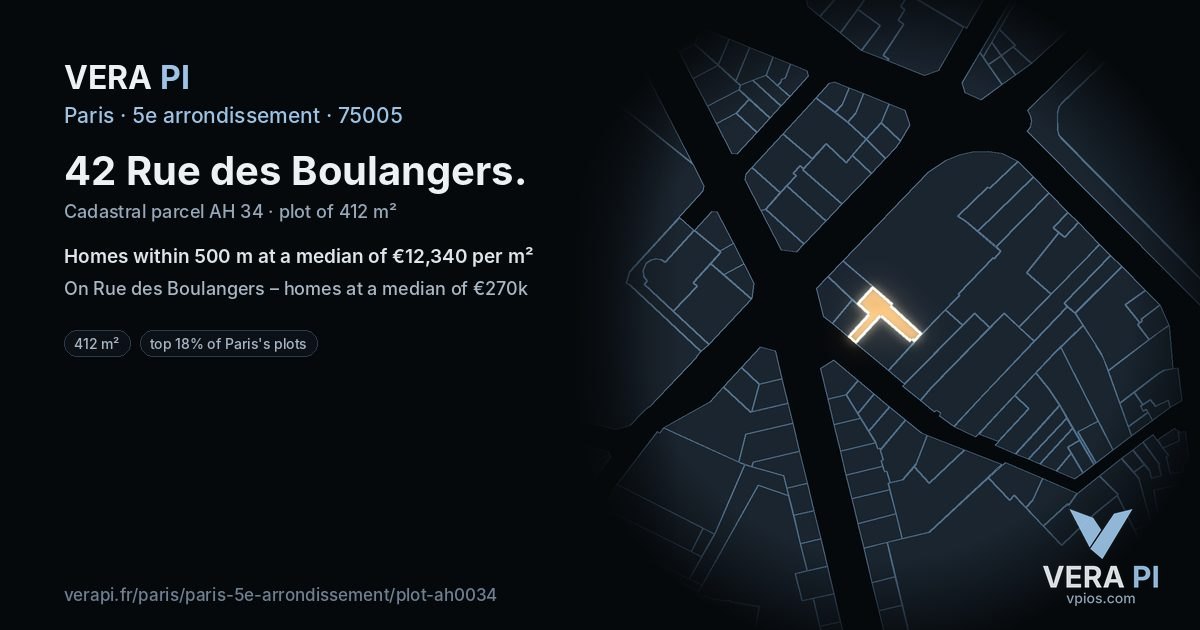 42 Rue des Boulangers, 5e arrondissement at night – the plot lit, the parcels around coloured by the prices near them