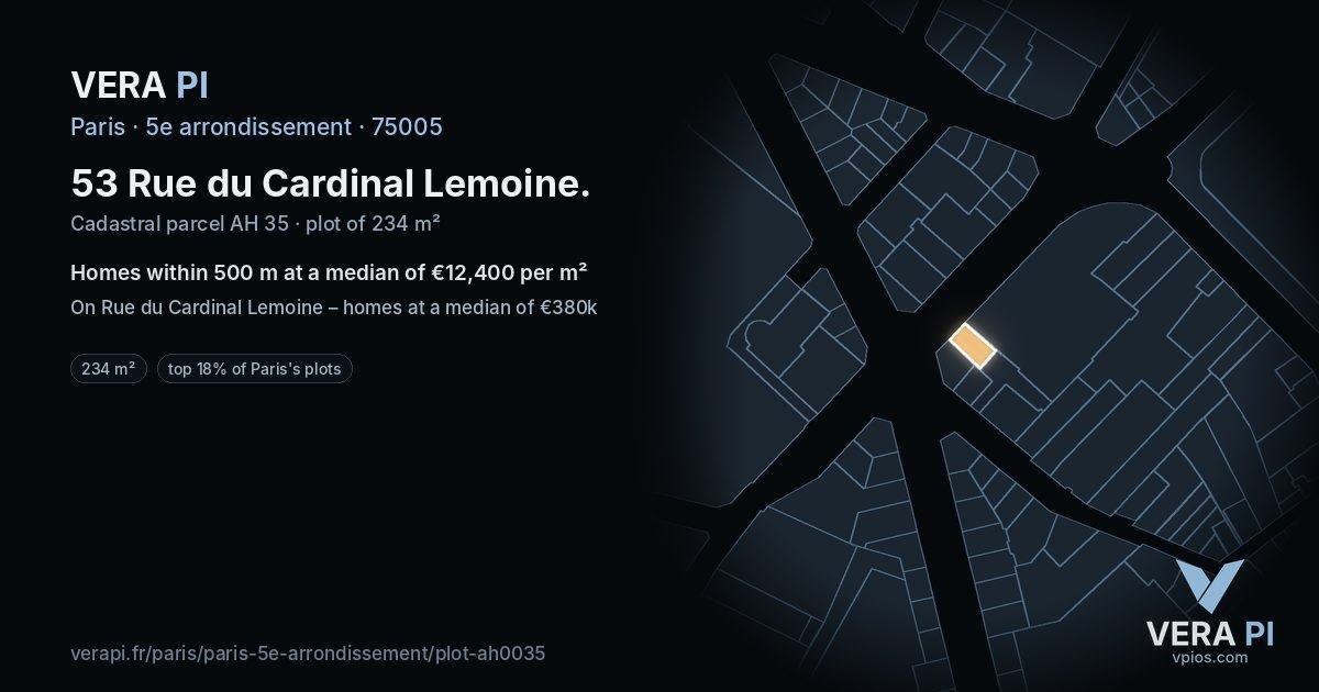 53 Rue du Cardinal Lemoine, 5e arrondissement at night – the plot lit, the parcels around coloured by the prices near them