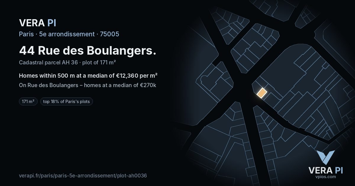44 Rue des Boulangers, 5e arrondissement at night – the plot lit, the parcels around coloured by the prices near them