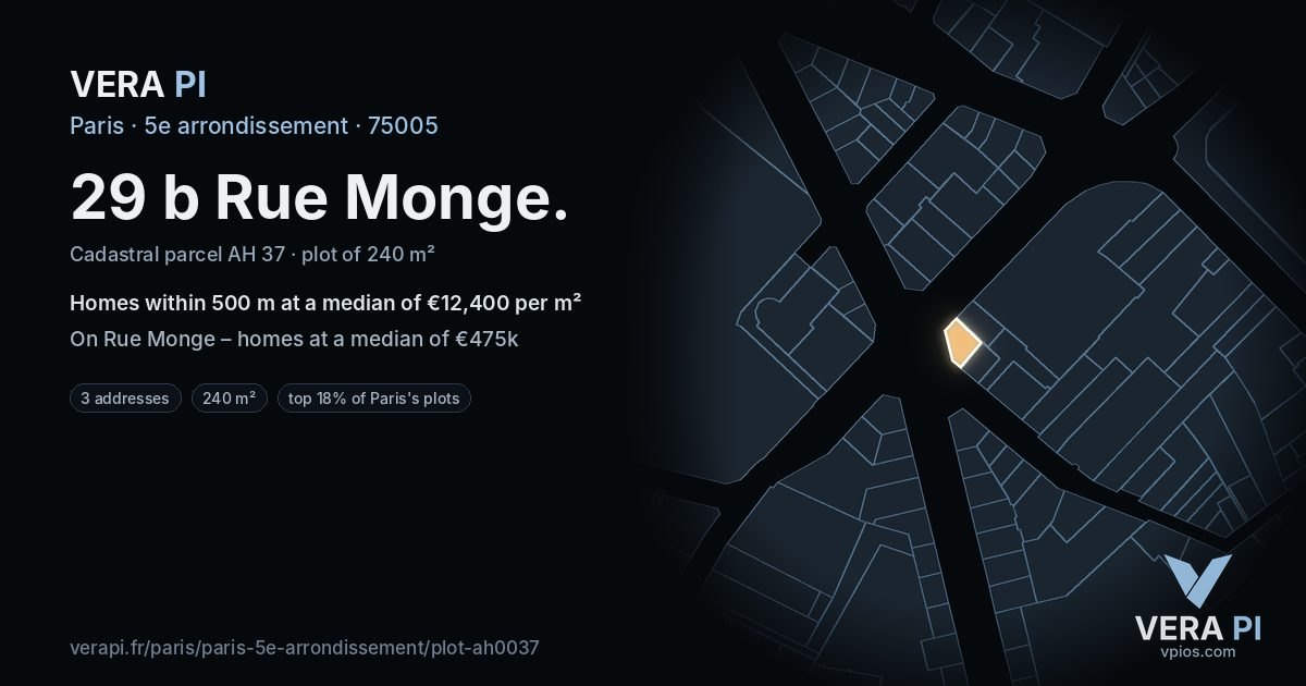 29 b Rue Monge, 5e arrondissement at night – the plot lit, the parcels around coloured by the prices near them