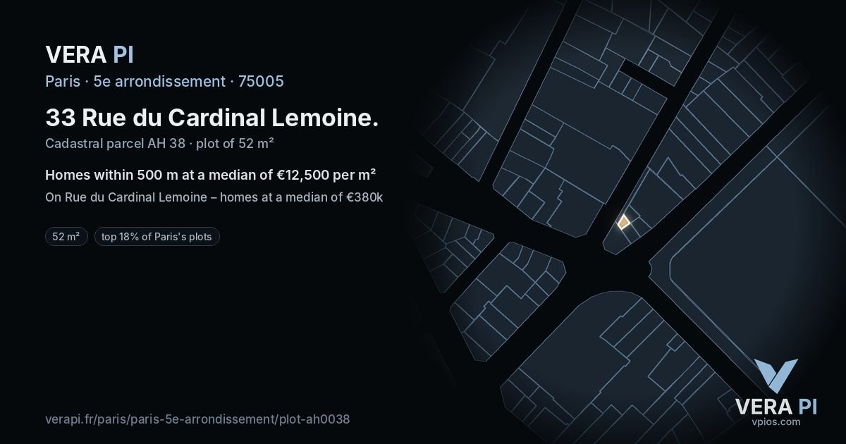 33 Rue du Cardinal Lemoine, 5e arrondissement at night – the plot lit, the parcels around coloured by the prices near them