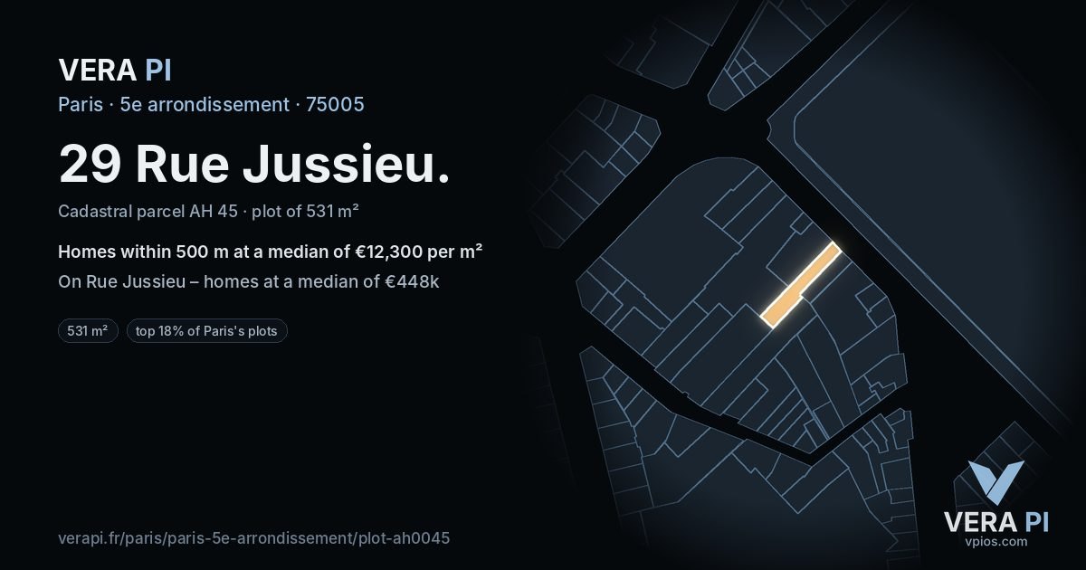 29 Rue Jussieu, 5e arrondissement at night – the plot lit, the parcels around coloured by the prices near them