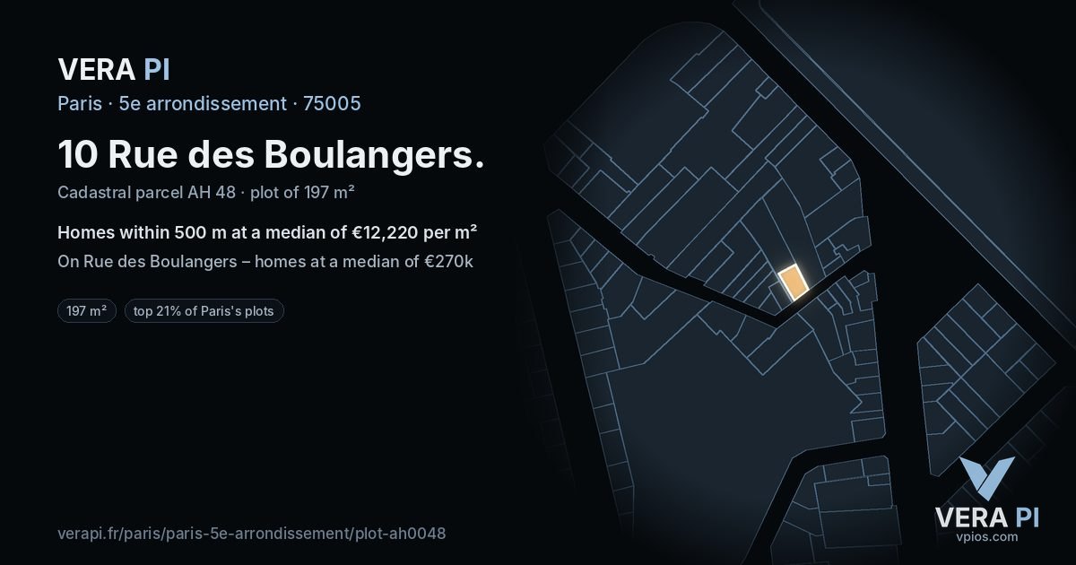 10 Rue des Boulangers, 5e arrondissement at night – the plot lit, the parcels around coloured by the prices near them