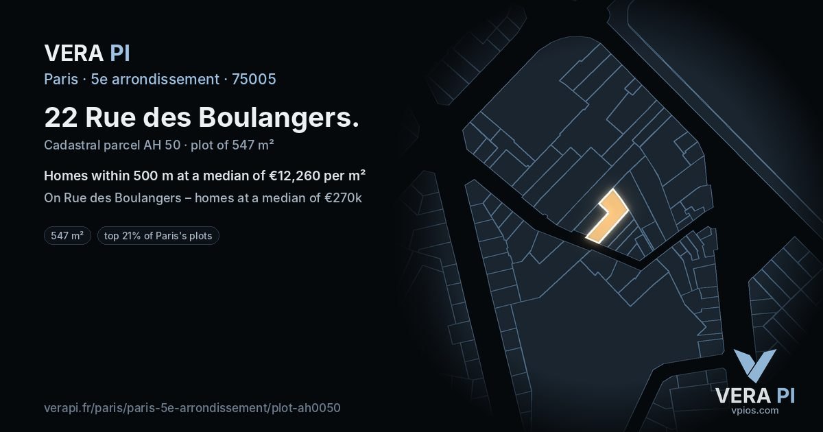 22 Rue des Boulangers, 5e arrondissement at night – the plot lit, the parcels around coloured by the prices near them